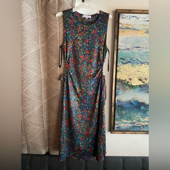 Louna Mini Dress Floral Green Red Sz XS Open Sides Sleeveless Stretch - Picture 6 of 16